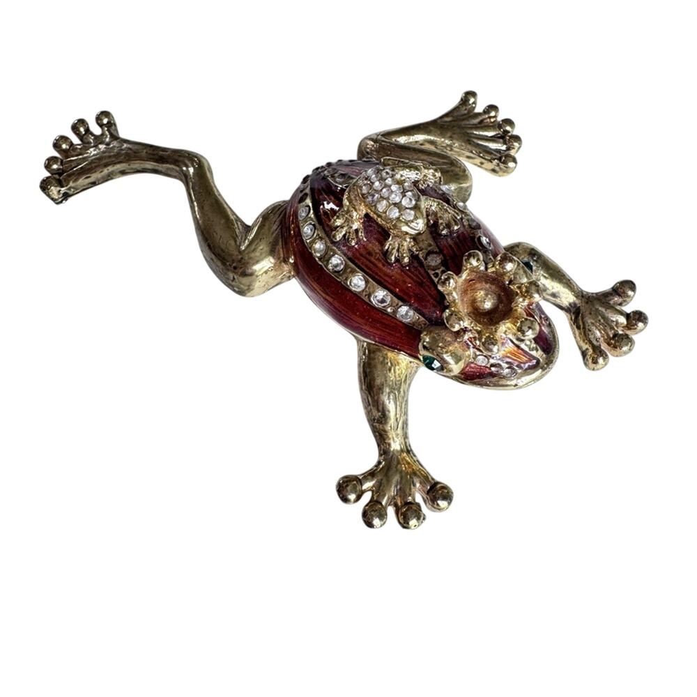 Vintage Gold Tone Brown Enamel Frog Prince Trinket Box Shelf Sitter